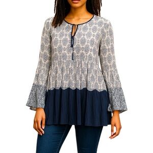 Ella Moss Navy Blue and White Pleated Blouse with Bell Sleeves Size M